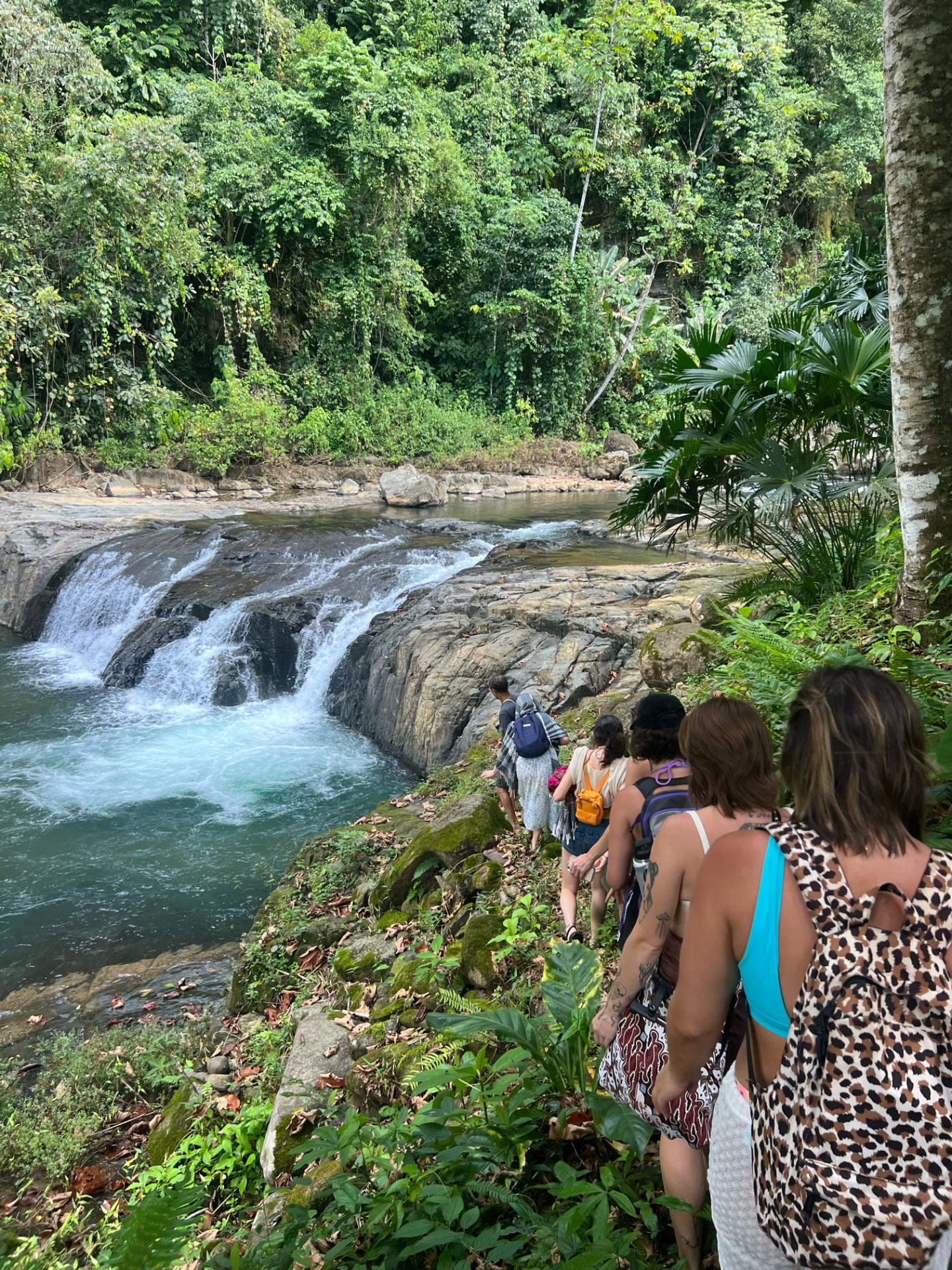 Crew hiking single file along the river above a jungle waterfall