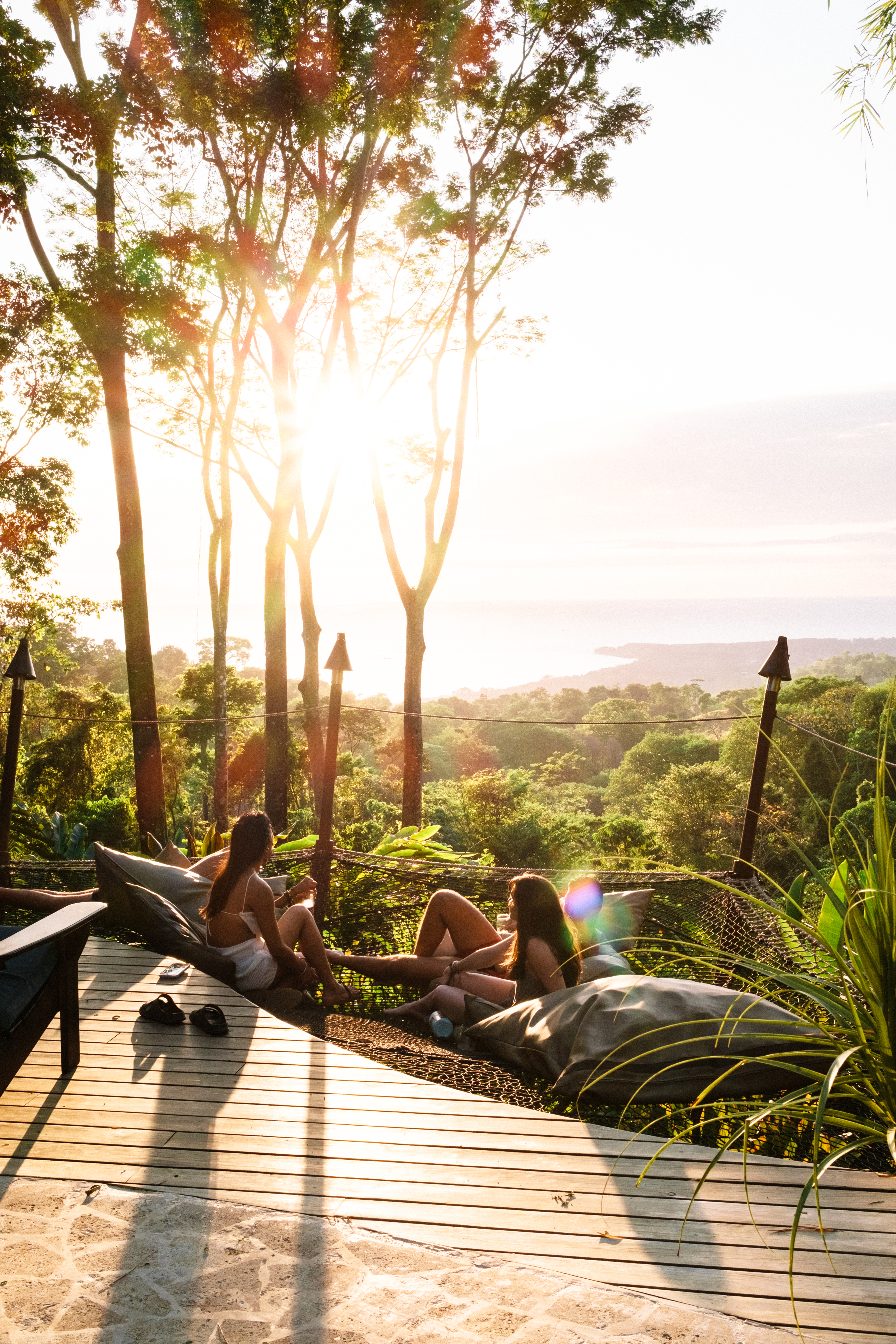 Sunburst through the trees over the jungle and sea