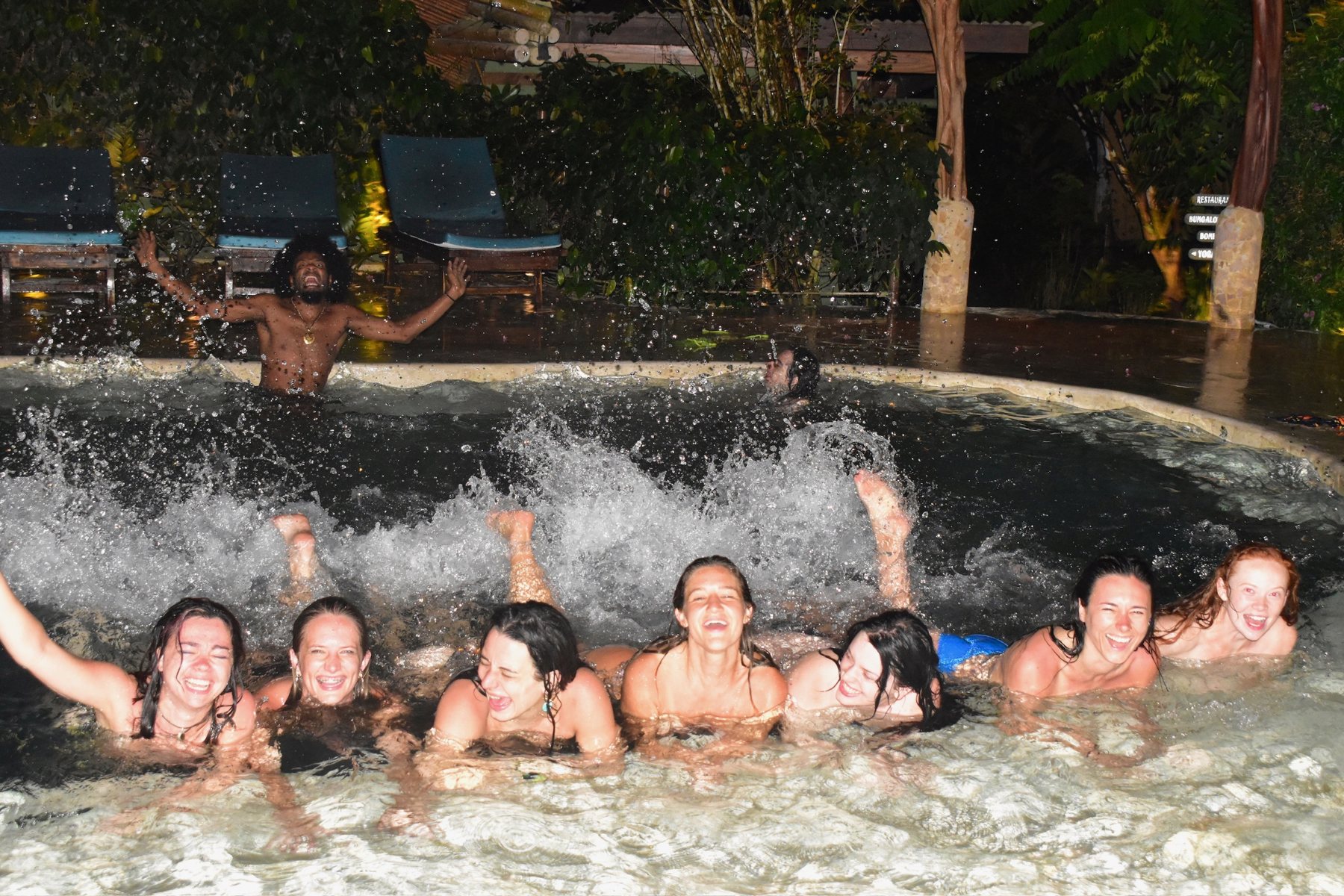 The whole group crammed into the hot tub at night