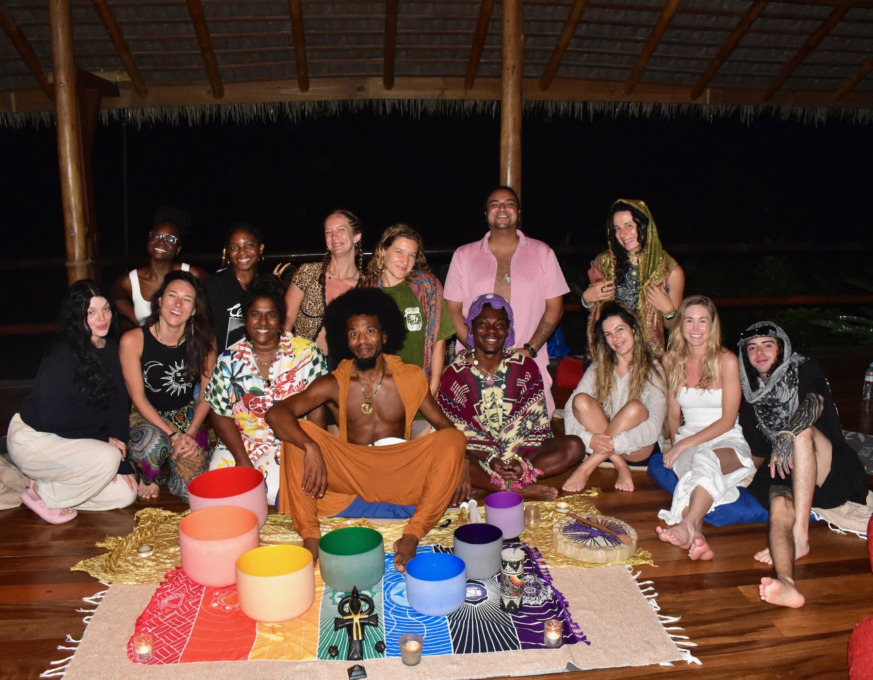 Sound healing circle with singing bowls in the shala