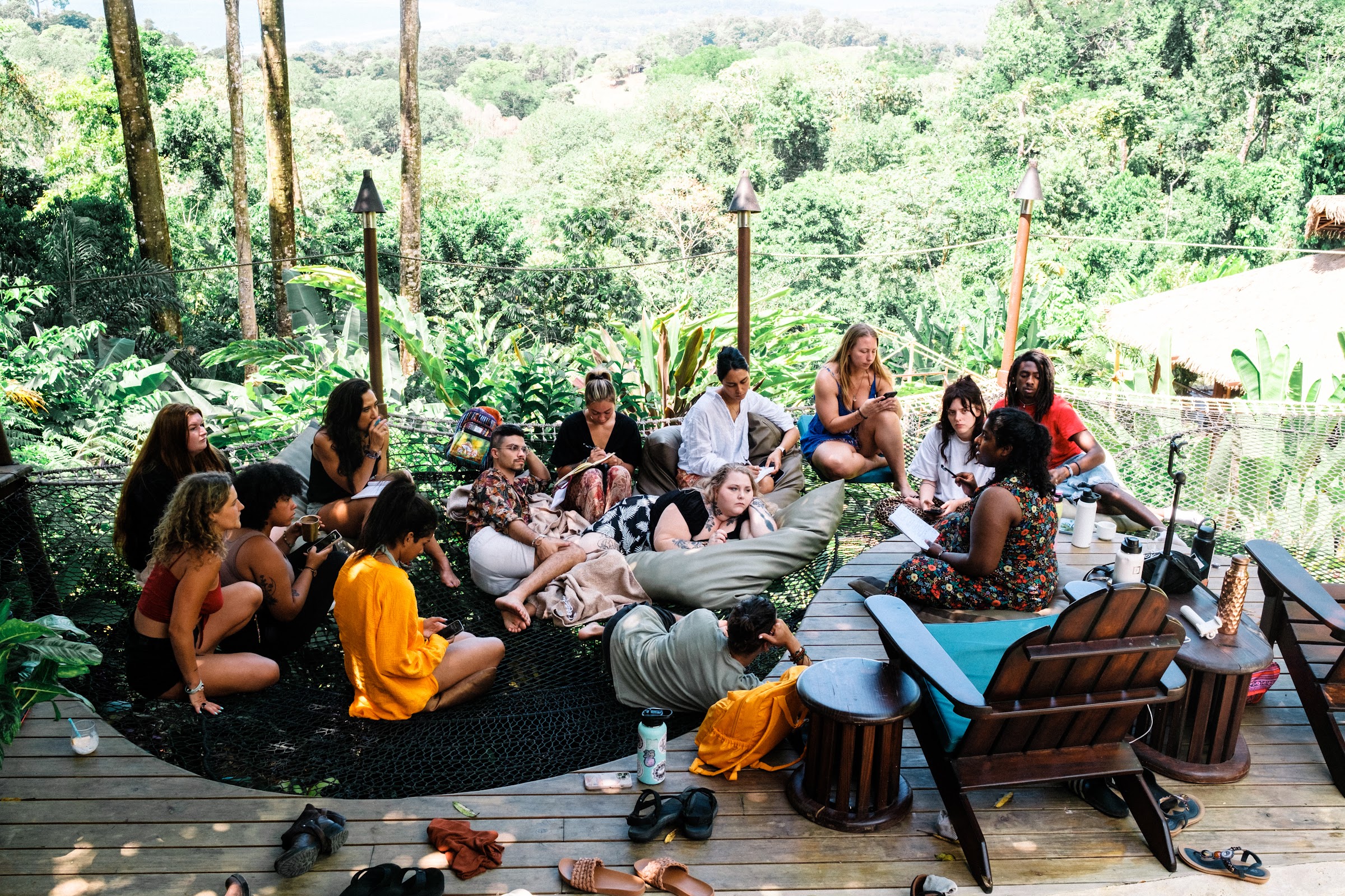 Integration circle gathered on the jungle deck at Selva Armonia