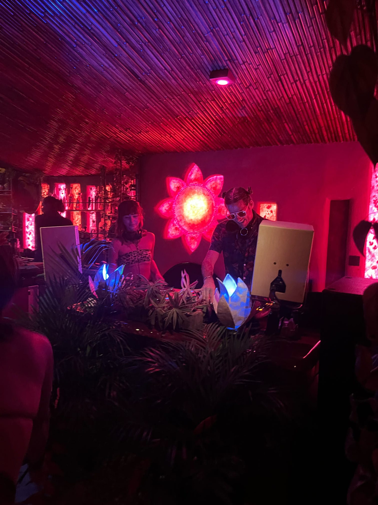 DJ duo spinning under red lights and a glowing lotus in the jungle bar