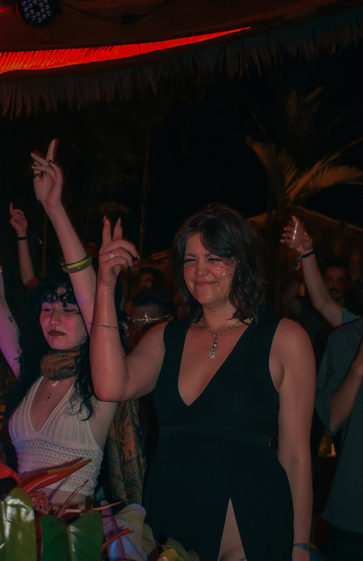 Hands in the air on the dancefloor under the palapa at night