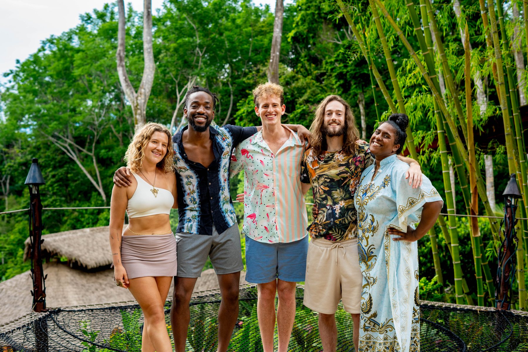 Bianca and a friend with three of the guys in the bamboo grove
