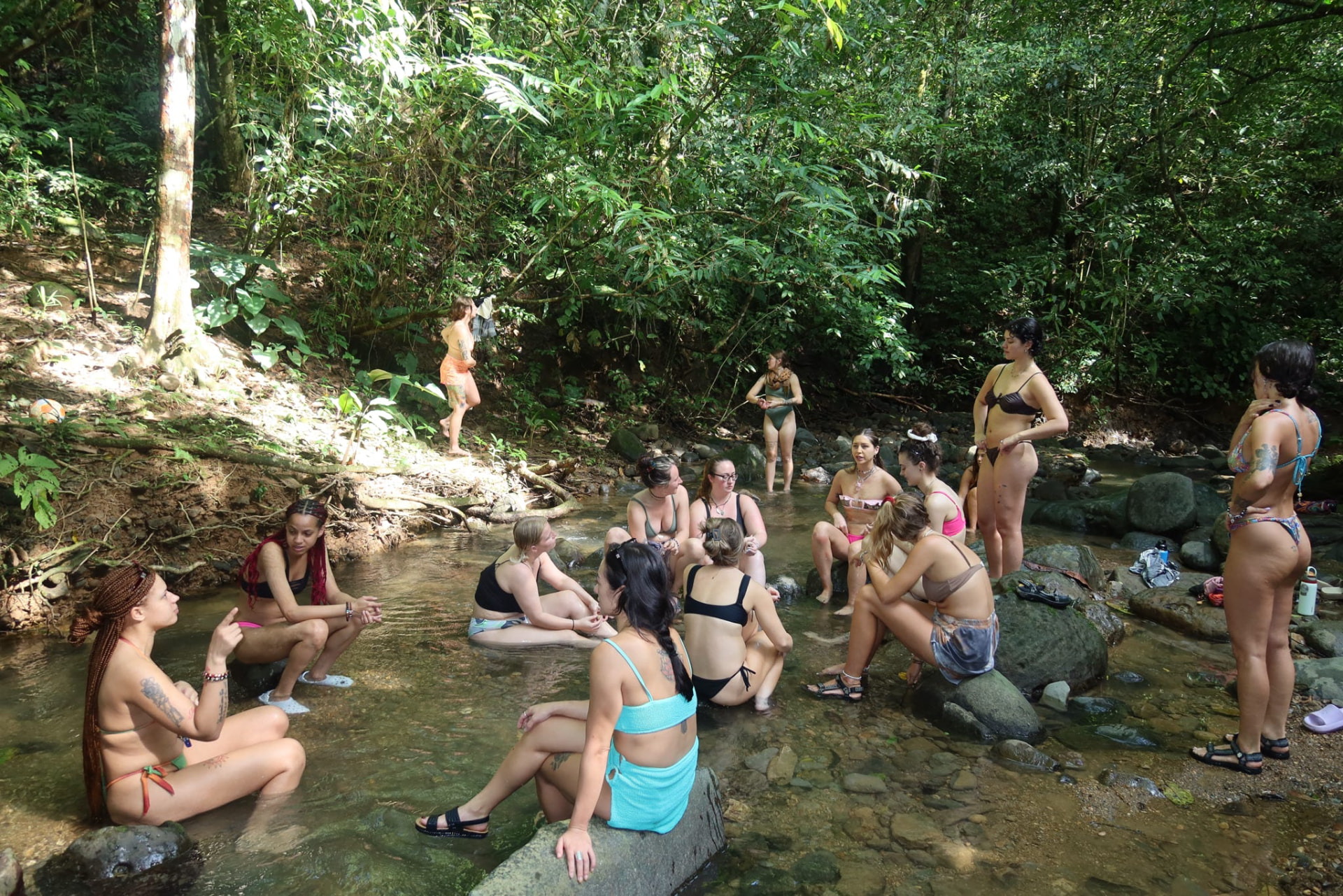 The group cooling off together in the jungle river