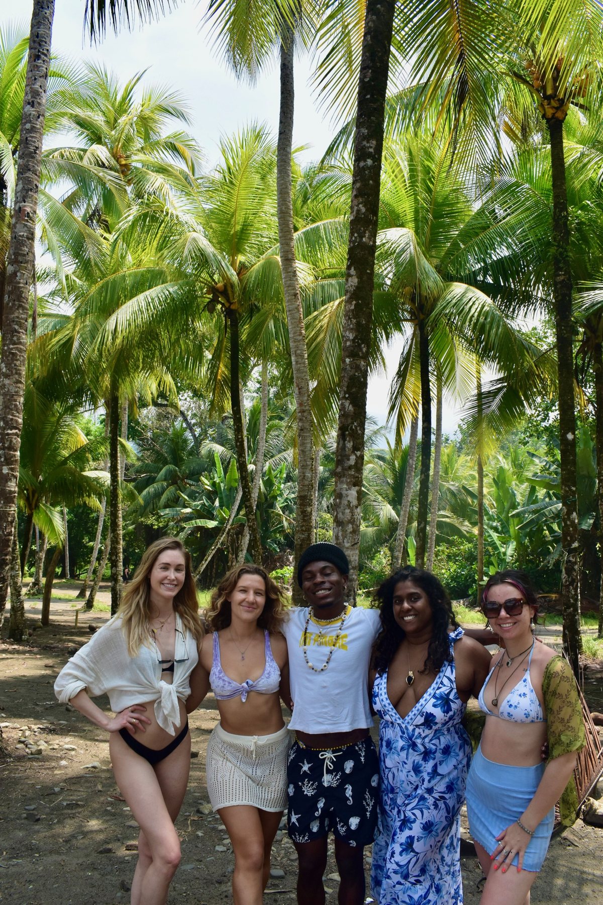 The crew on the beach under the palms