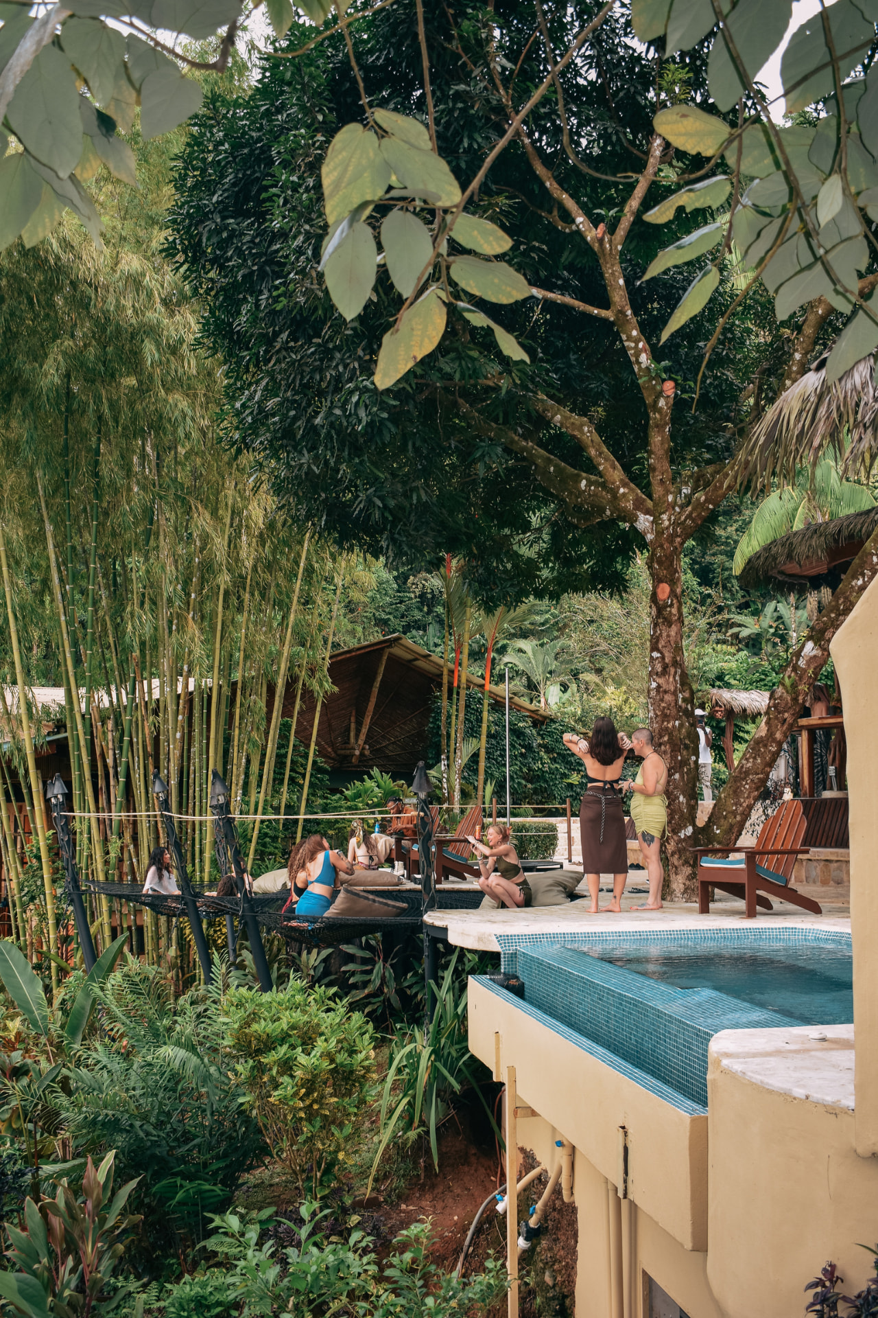 The pool, bamboo palapa and nets surrounded by jungle