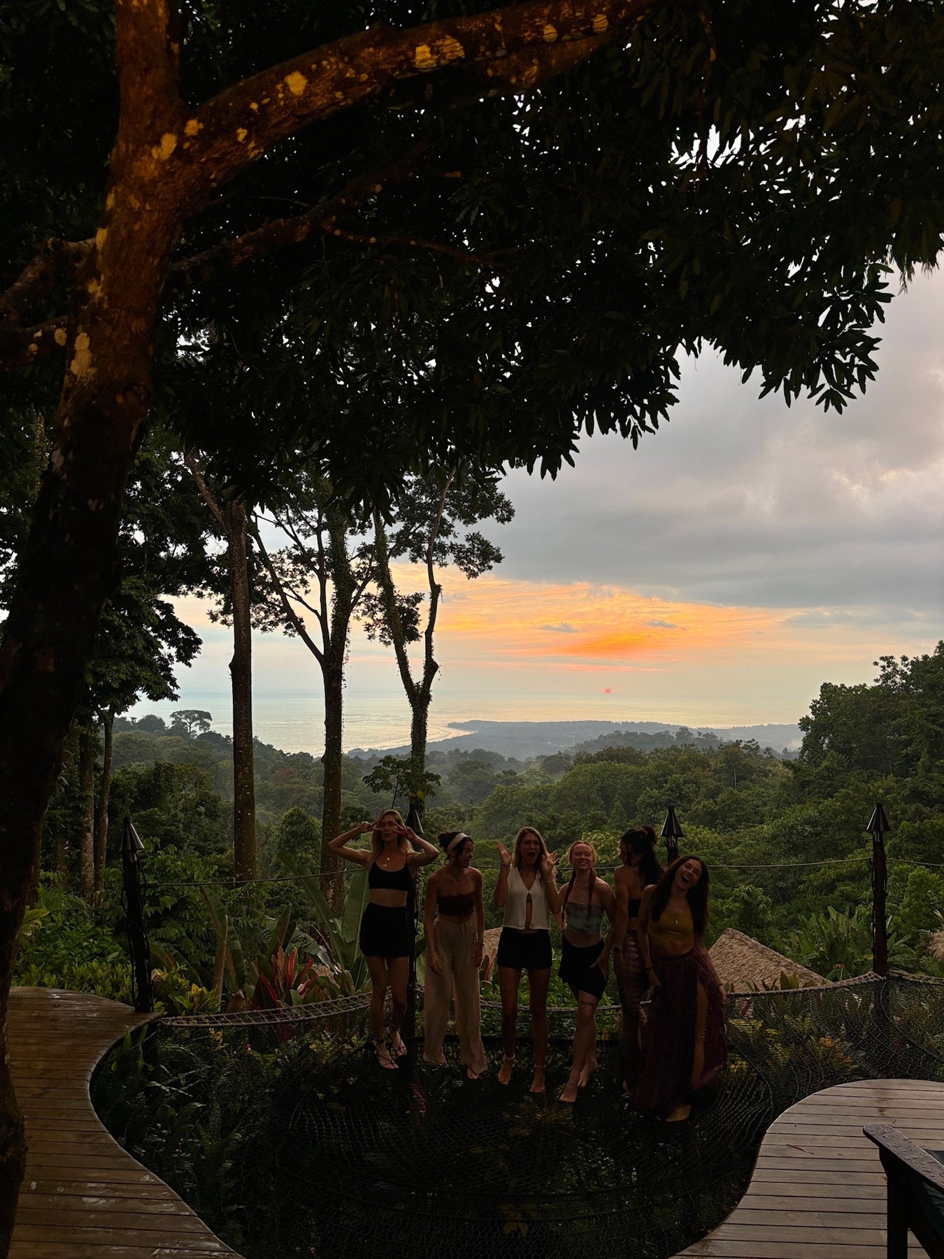 Sunset over the jungle with the group on the nets