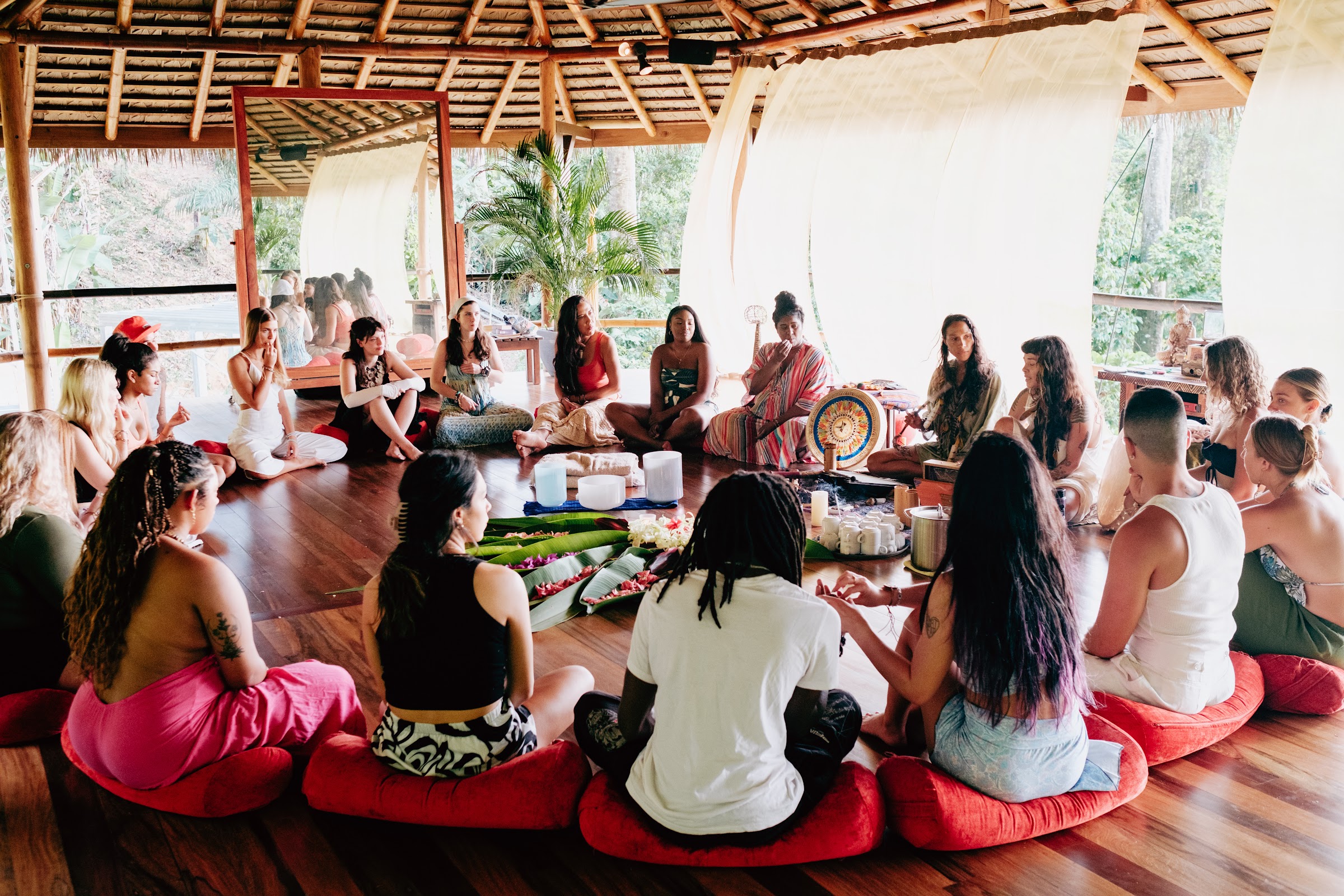 Full shala gathered for a drum and sound ceremony