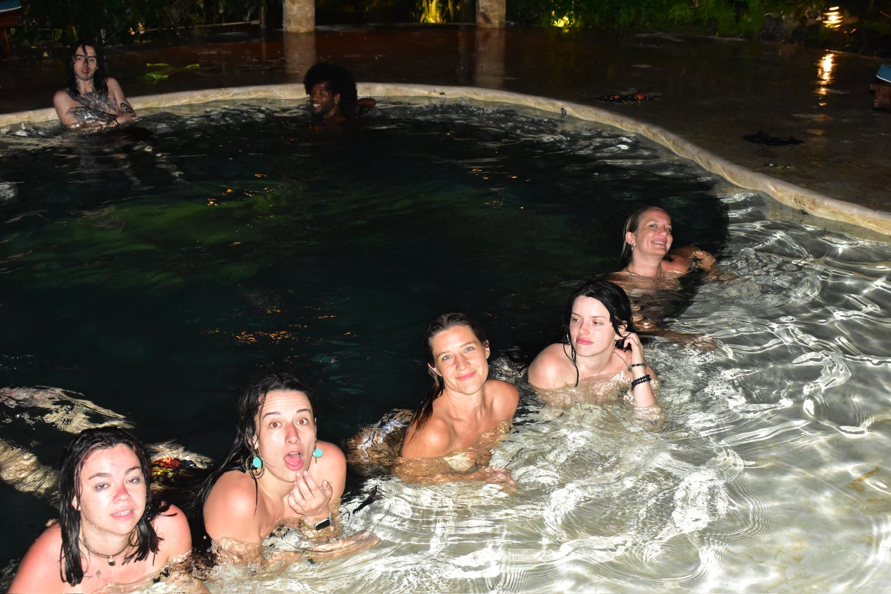 The whole group crammed into the hot tub at night